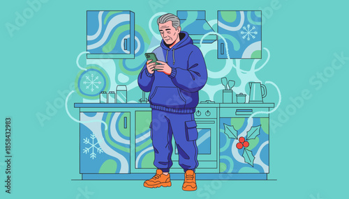 Senior man in a stylized kitchen using a smartphone during the winter holidays Digital communication and lifestyle