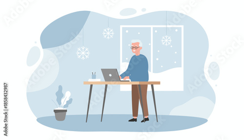 Happy senior man working on a laptop at a home office desk during a snowy winter day flat vector illustration