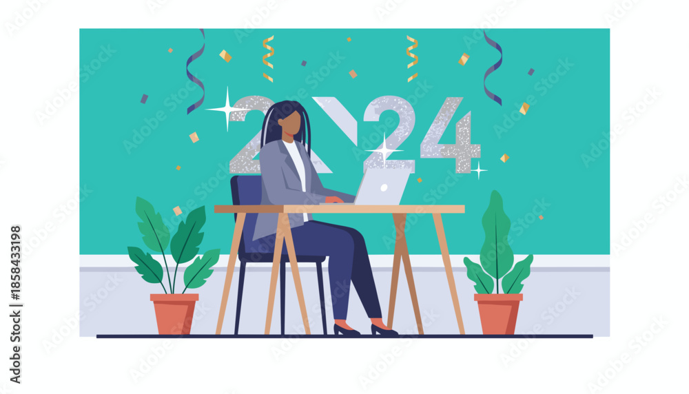 Fototapeta premium Professional woman working on laptop under glittering 2024 banner New Year business goals