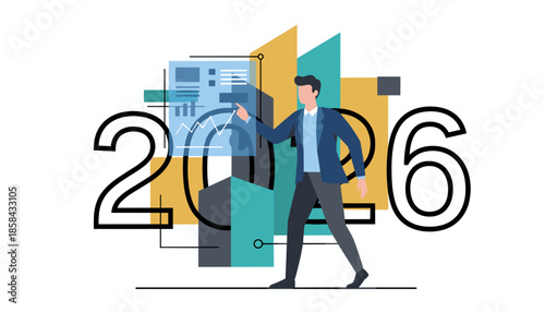 Businessman planning for 2026 analyzing data charts and future business strategy