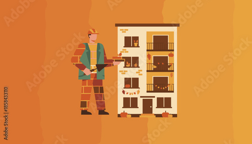 Bricklayer repairing an apartment building facade decorated for the Autumn season