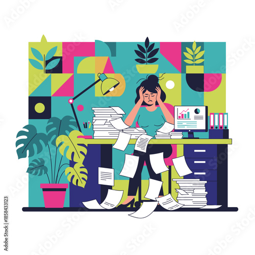 Stressed employee overwhelmed by paperwork and workload chaos in a busy office environment