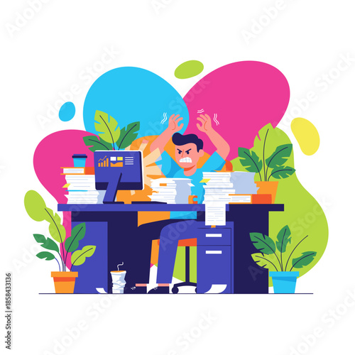 Stressed worker overwhelmed by huge workload and paperwork in a chaotic office environment