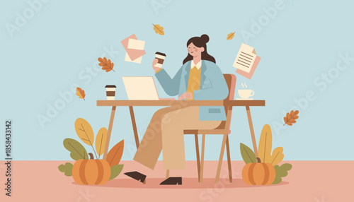 Happy woman working remotely on laptop with coffee surrounded by fall leaves and pumpkins