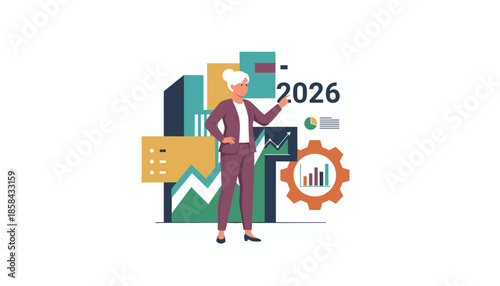 Professional businesswoman planning 2026 goals analyzing financial growth and business strategy