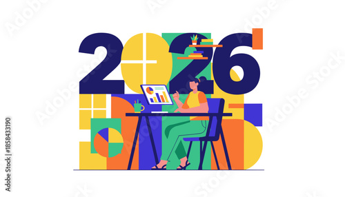 Modern illustration of a businesswoman planning 2026 strategy and goals using technology and data analytics