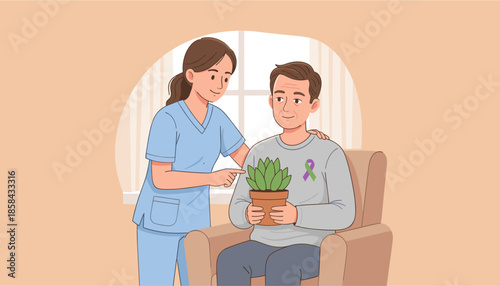 Caregiver and senior man with awareness ribbon holding a plant Support health and assisted living