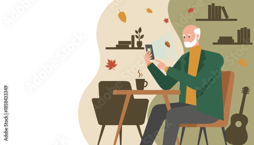 Stylish senior man browsing his smartphone in a cozy autumnal room with coffee Modern retirement concept