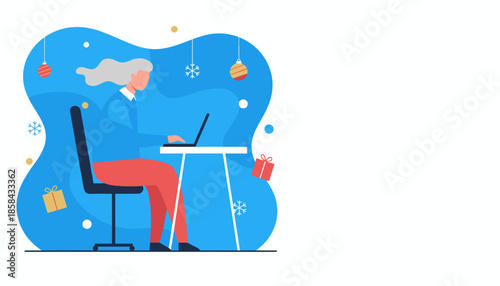 Senior woman working on laptop surrounded by Christmas decor Remote festive work