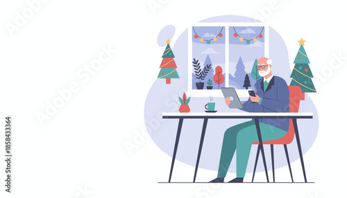 Senior man works on tablet and phone in festive office Remote Christmas business illustration
