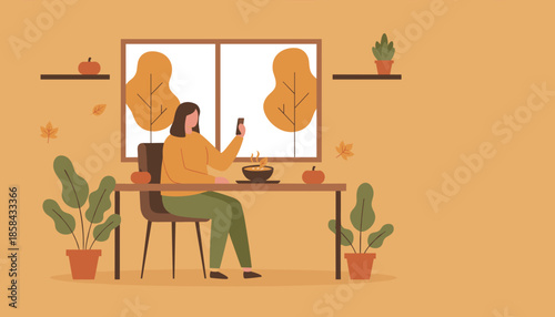 Woman using phone while enjoying hot autumn soup indoors Cozy fall lifestyle concept hygge and mealtime