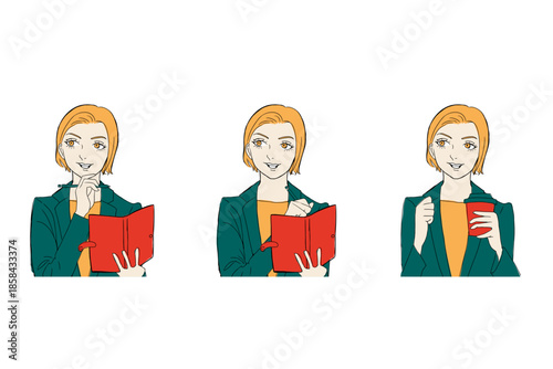 目をそらす女性・仕事をする女性・スケジュールを書き込む女性・ドリンクを飲む女性02