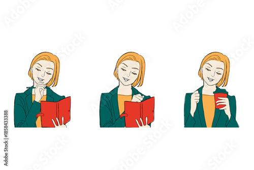 伏し目がちな女性・スケジュール帳に書き込む女性・ドリンクを飲む女性