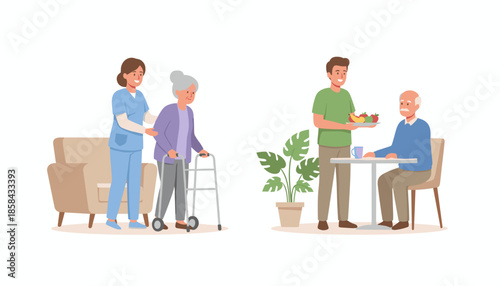 Professional caregivers assisting seniors with mobility and providing healthy meals vector illustration