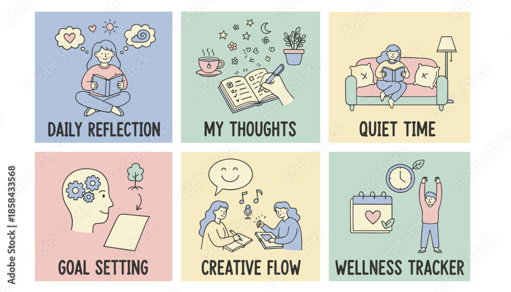Fototapeta premium Six selfcare and mental wellness routines reflection journaling quiet time goal setting creativity and tracking doodles