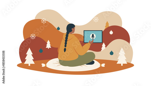 Person using a voice assistant on a tablet in a cozy festive winter setting AI interaction illustration