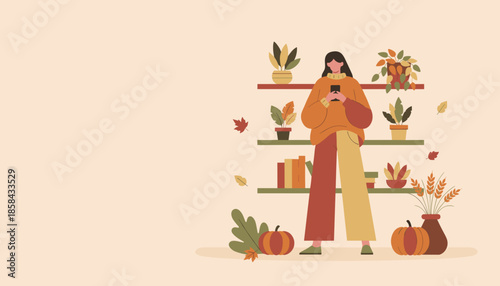 Fall scene Woman checking smartphone indoors with seasonal decor
