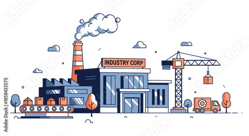 Industrial complex illustration manufacturing plant crane conveyor and delivery truck