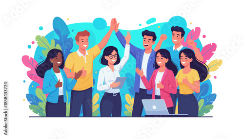 Diverse business team celebrating achievement and victory with high fives and positive gestures