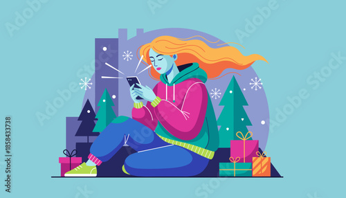 Flat design illustration of a woman texting with holiday gifts in a winter cityscape