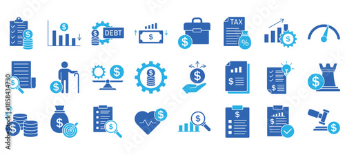 Financial issue related icon collections. Containing loss, crisis, debt, inflation, tax, audit, bankruptcy, fraud, recession, and risk icons. EPS 10.
