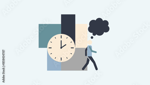 Man walking with thought bubble and clock in the background.