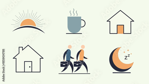Simple line icons representing daily routine and home life.