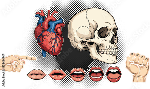 Comic-Style Human Heart, Skull, Fist, Mouth Expressions, Pointing Hand — Symbolizing Emotion, Anatomy, Communication, Identity, Life, Death, and Expression