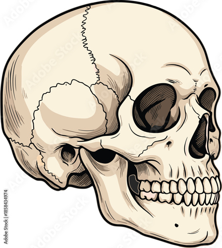 Lateral View Anatomical Illustration of Human Skull Highlighting Cranial Sutures, Facial Bones, Jaw Structure, Teeth, and Eye Socket Details