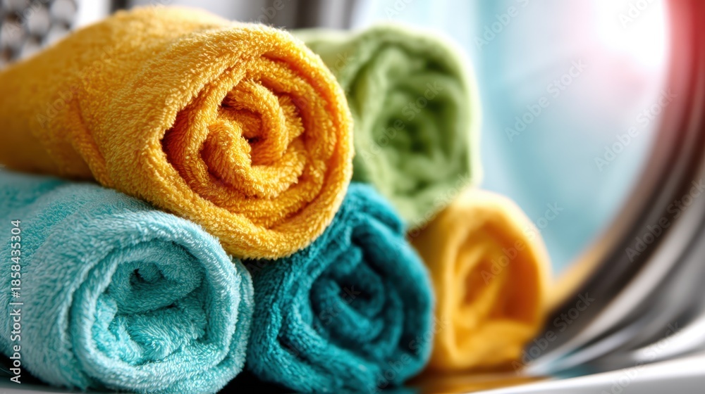 Fototapeta premium Soft, neatly rolled towels in vibrant colors showcasing freshness and warmth, evoking feelings of cleanliness and comfort in a cozy laundry room environment.