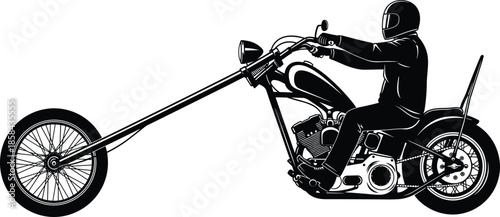 Chopper motorcycle silhouette with rider isolated on white background custom biker cruiser vintage motorbike black vector illustration