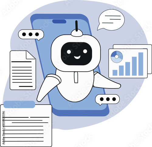 Assistant app, remote work from home, AI assistant organizer, cute robot for task planning, information search. Chatbot for customer communication, data analysis, modern technologies, machine intellig