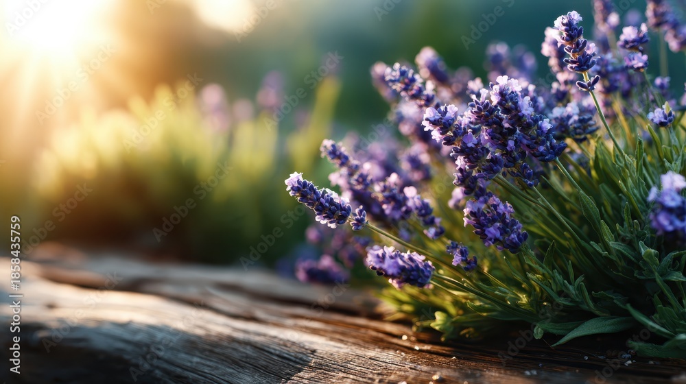Obraz premium A field of lavender flowers basks in warm sunlight, creating a serene and peaceful atmosphere that evokes feelings of tranquility, nature's beauty, and the simplicity of life.
