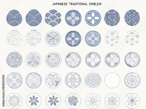 Collection of japanese traditional emblems and patterns in shades of blue