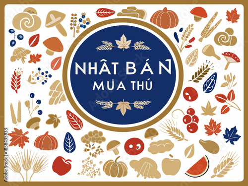 Autumn harvest illustration with a central blue circular design and text