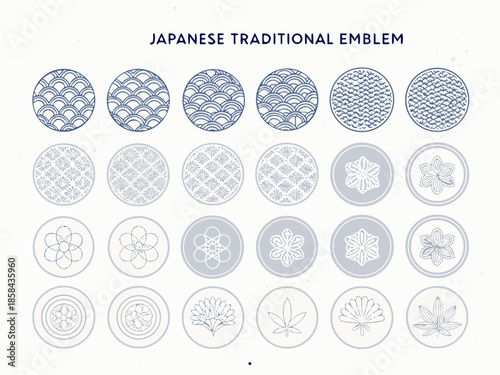 Collection of japanese traditional emblems and circular patterned design elements