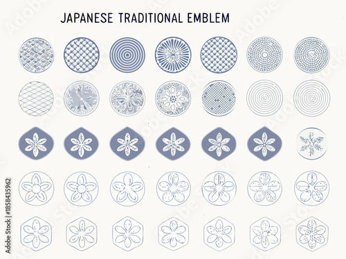 Collection of japanese traditional circular emblems and floral patterns in blue tones