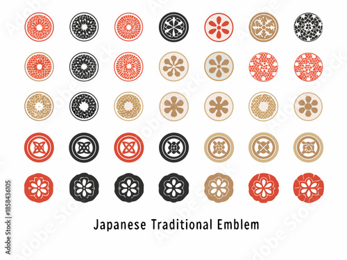 Collection of traditional japanese emblems and circular patterned designs displayed