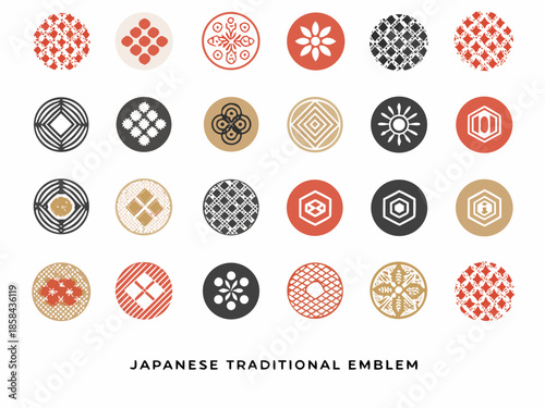 Collection of traditional japanese emblems and geometric patterns in varying colors