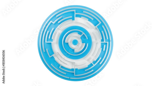 Photos Isolated blue circular maze, concentric rings, complicated, puzzling, solution,