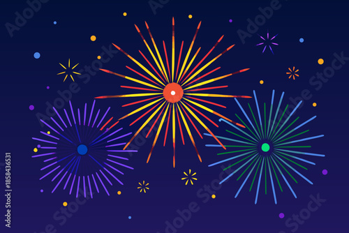 Colorful fireworks exploding in a dark blue night sky celebratory display