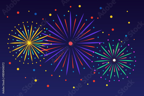 Colorful firework displays illuminate a dark blue night sky with vibrant bursts
