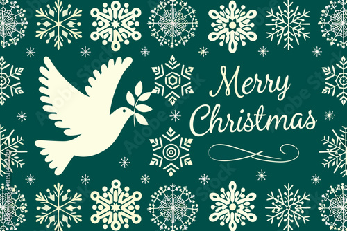 A peaceful christmas scene with a dove snowflakes and festive greetings
