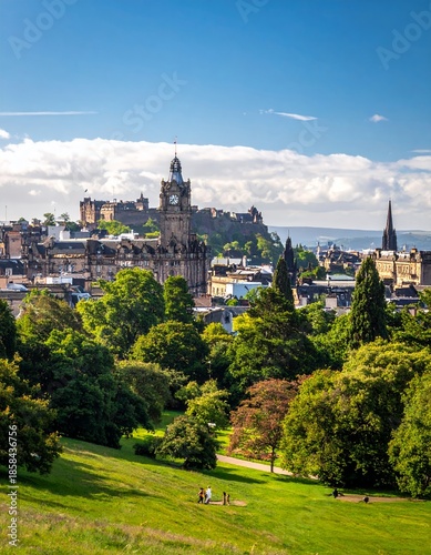 Panoramic view of Edinburgh Castle and the city skyline from Calton Hill on a sunny day, Scotland.