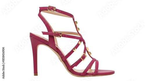 Bilde på lerret Isolated fuchsia leather high-heeled sandal with gold studded straps, elegant su