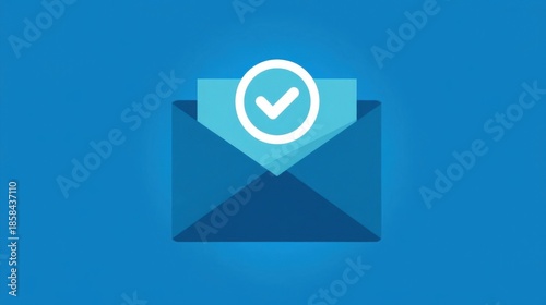 A white checkmark symbol on paper inside an envelope against a solid blue background,