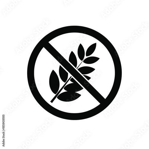 A stark black and white image depicts a circular prohibition sign featuring a sprig of wheat with a diagonal line signifying