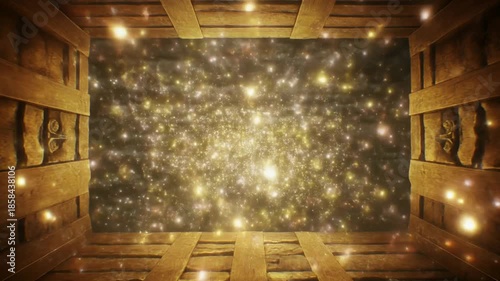 宝箱から輝く粒子が放つ希望と静かな高揚感