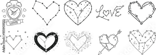 Black and white heart and star constellation with love theme stars