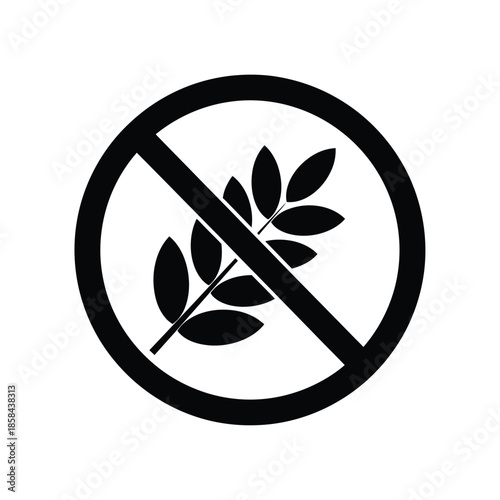 A simple black and white illustration depicts a circular prohibition symbol featuring a leaf and stem indicating a gluten free restriction